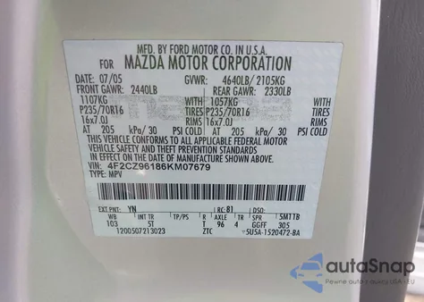 2006 Mazda Tribute S из США, поврежденный, VIN 4F2CZ96186KM07679